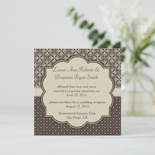 03 Bruin Tan Damask en Stippen Post Wedding Kaart (Staand voorkant)