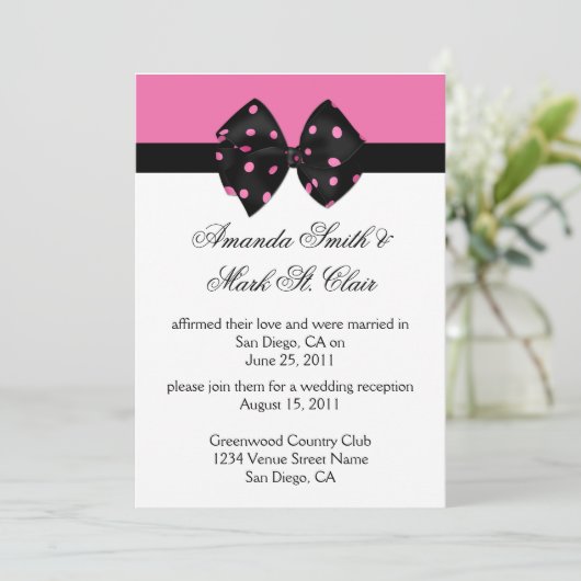 03 Roze Zwarte Stippen Bruiloftsreceptie Na Kaart (Staand voorkant)