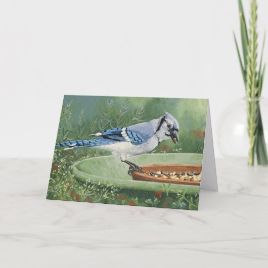 0481 Blue Jay bij feeder Birthday Card Kaart (Voorkant)