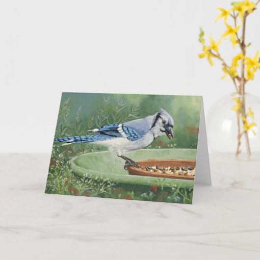 0481 Blue Jay op feeder Sympathcard Kaart (Gele Bloem)