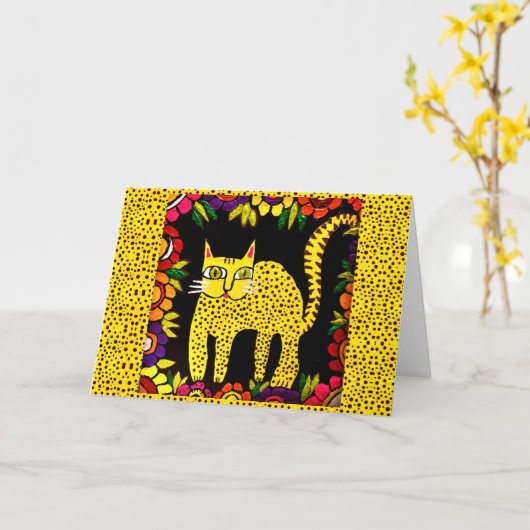 04 - Happy Birthday Basi, het kattenWenskaart Kaart (Gele Bloem)