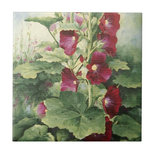 0536 Burgundy Hollyhocks Tile Tegeltje (Voorkant)