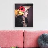 0838-Koloniale dame met groot Pet en bloemen Canvas Afdruk (Insitu (Woonkamer))