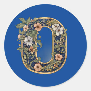 0 Monogram blauw bloemenAI-gegenereerd Ronde Sticker