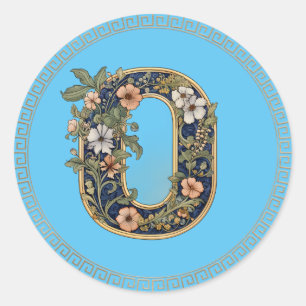 0 Monogram blauw bloemenAI-gegenereerd Ronde Sticker