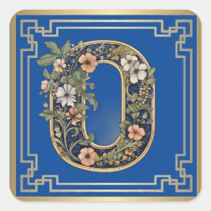 0 Monogram blauw bloemenAI-gegenereerd Vierkante Sticker