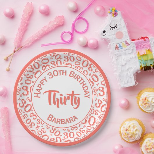 0e Willekeurige Getal Patroon Koraal/Wit Papieren Bordje (Feest)