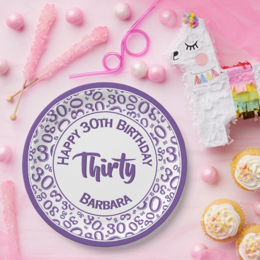 0e Willekeurige Getal Patroon Paarse/Wit Papieren Bordje (Feest)