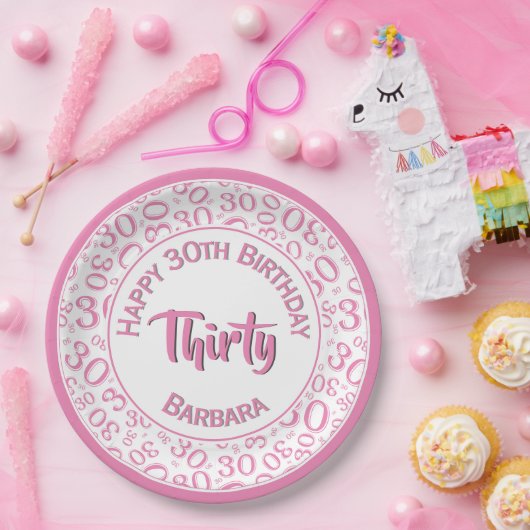 0e Willekeurige Getal Patroon Roze/Wit Papieren Bordje (Feest)