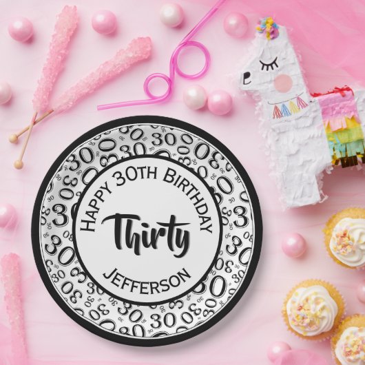 0e Willekeurige Getal Patroon Zwart/Wit Papieren Bordje (Feest)