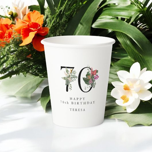 0th Birthday Cheers with Name Tropical Floral Papieren Bekers