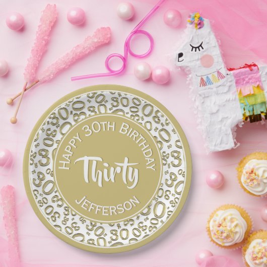 0th Birthday Funky Number Pattern Gold/White Papieren Bordje (Feest)