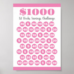 1000 Besparingen Challenge Roze 52 weken Afdrukbaa Poster