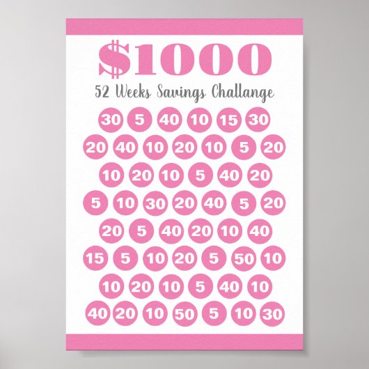 1000 Besparingen Challenge Roze 52 weken Afdrukbaa Poster (Voorkant)