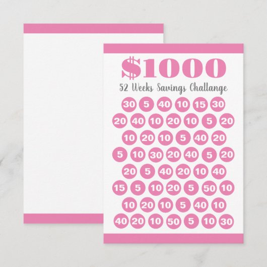 1000 Besparingen Roze 52 weken Invoegen Kaart (Voorkant / Achterkant)
