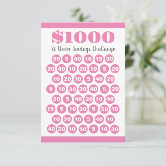 1000 Besparingen Roze 52 weken Invoegen Kaart (Staand voorkant)
