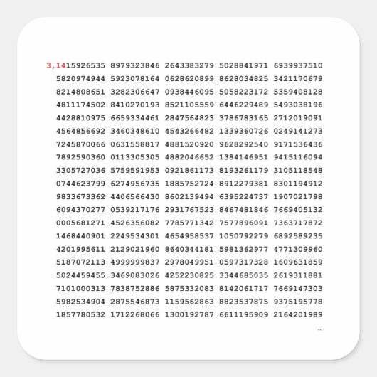 1000 Eerste cijfers Pi-nummer | Wiskundig symbool Vierkante Sticker (Voorkant)