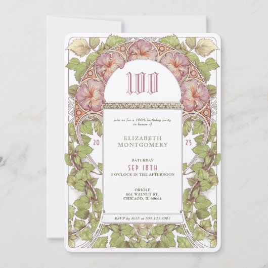 100 Birthday Invitation Art Nouveau Alphonse Mucha Kaart (Voorkant)