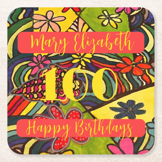 100 Birthdays Floral Kartonnen Onderzetters (Voorkant)