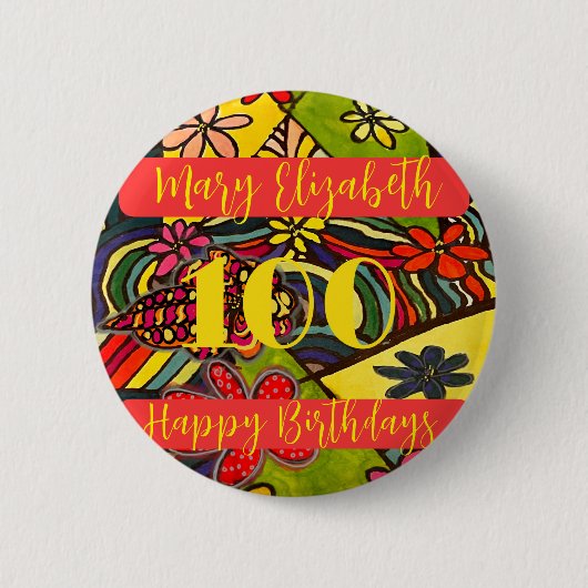 100 Birthdays Floral Ronde Button 5,7 Cm (Voorkant)