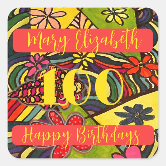 100 Birthdays Floral Vierkante Sticker (Voorkant)
