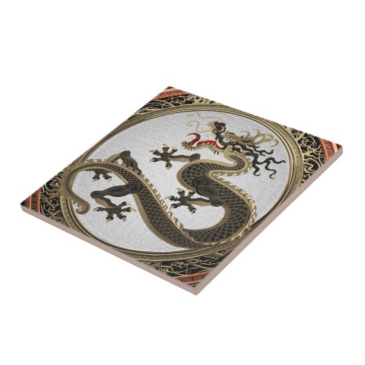[100] Black and Gold Sacred Eastern Dragon Tegeltje (Zijkant)