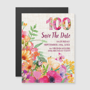 100 Bloemig Linnen 100ste Verjaardag Save the Date Magnetische Uitnodiging