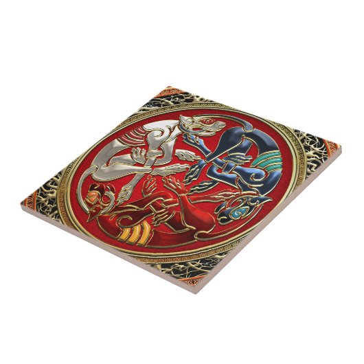 [100] Celtische schatten - Drie honden op goud Tegeltje (Zijkant)