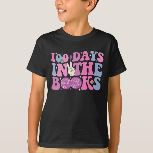 100 dagen in de boeken Disco Ball Groovy Retro T-shirt (Voorkant)