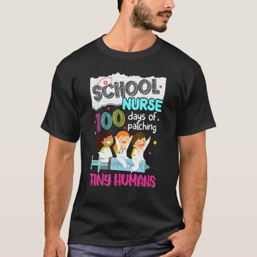 100 dagen patching Tiny Humans School Nurse T-shirt (Voorkant)