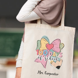 100 dagen school 🎀 Coquette Bow Custom Teacher Tote Bag