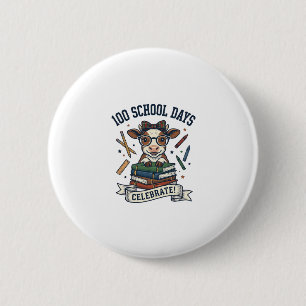100 Dagen School Koe Vintage Gravure Leraar T-shir Ronde Button 5,7 Cm