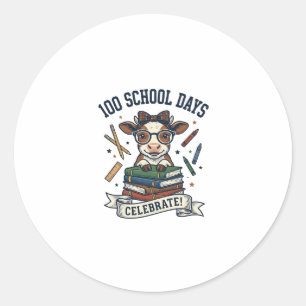 100 Dagen School Koe Vintage Gravure Leraar T-shir Ronde Sticker