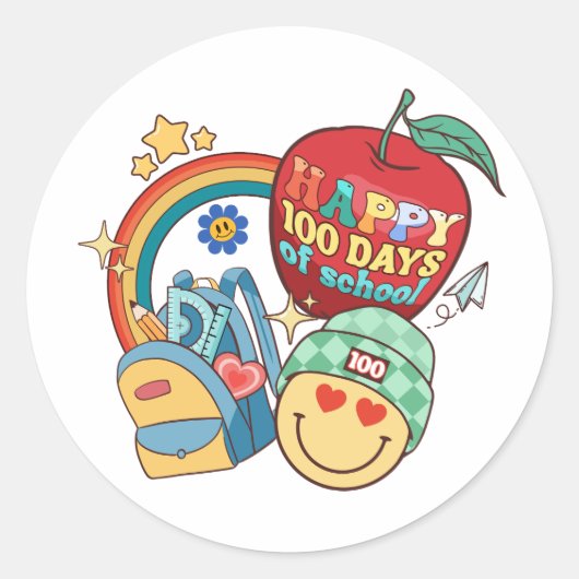 100 Dagen van School Gelukkige Retro Groovy Ronde Sticker (Voorkant)