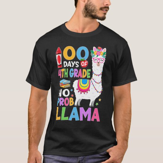 100 Days of 4th Grade No Probllama 100th Day Girls T-shirt (Voorkant)