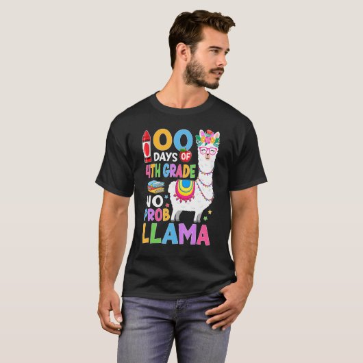 100 Days of 4th Grade No Probllama 100th Day Girls T-shirt (Voorkant volledig)