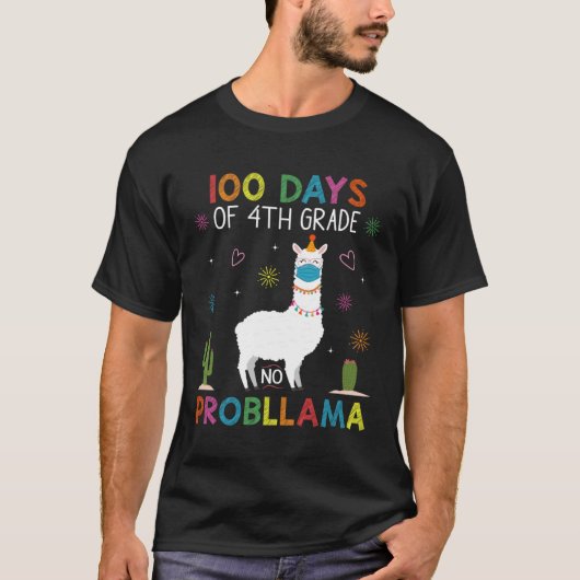 100 Days of 4th Grade No Probllama Llama Mask Quar T-shirt (Voorkant)