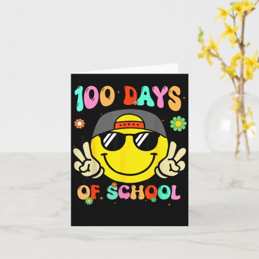 100 Days Of School 100th Day Smile Groovy Face Tea Kaart (Gele Bloem)