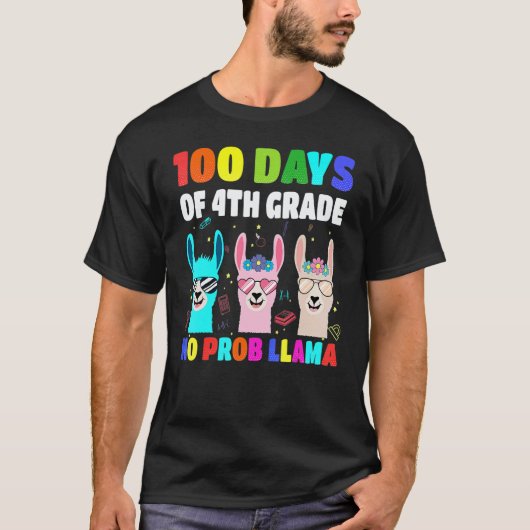 100 Days Of School 4th Grade No Probllama Llama Bo T-shirt (Voorkant)