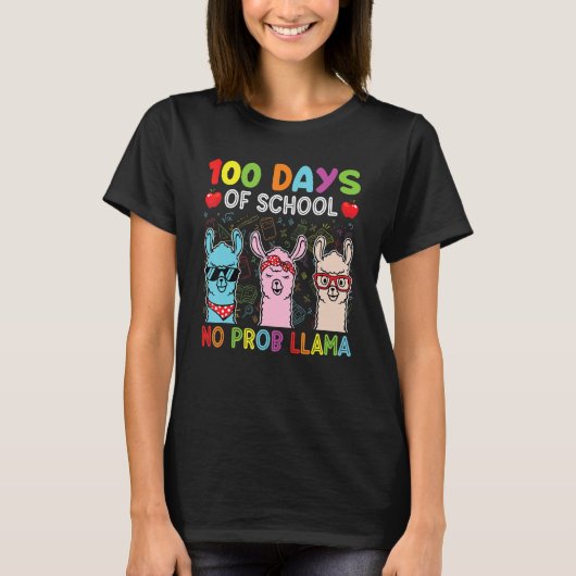 100 Days Of School No Probllama Llama Happy 100th  T-shirt (Voorkant)
