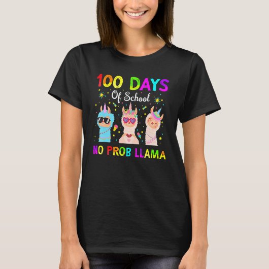 100 Days Of School No Probllama Llama Happy 100th  T-shirt (Voorkant)