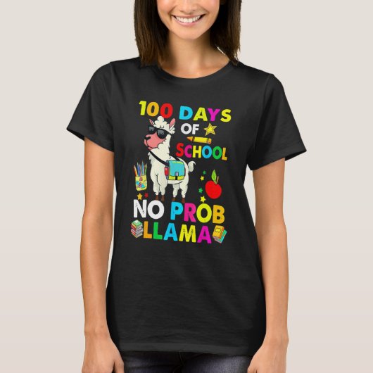 100 Days Of School No Probllama Llama Happy 100th T-shirt (Voorkant)
