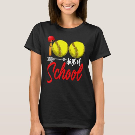 100 Days of School Softball Teacher Kids 100th Day T-shirt (Voorkant)