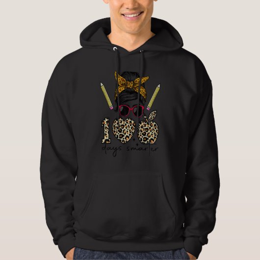 100 Days Smarter Leopard Messy Bun 100 Days Of Sch Hoodie (Voorkant)