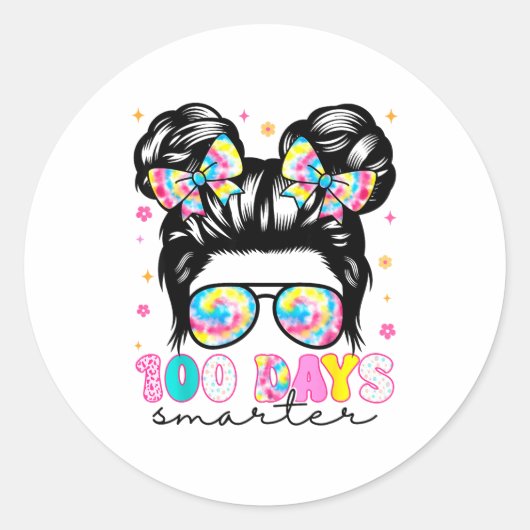 100 Days Smarter Messy Bun Girl 100th Day Of Schoo Ronde Sticker (Voorkant)