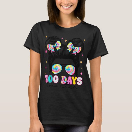 100 Days Smarter Messy Bun Girl 100th Day Of Schoo T-shirt (Voorkant)