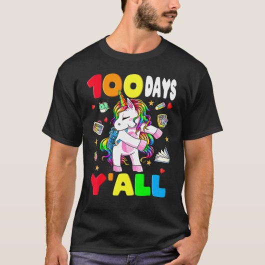 100 Days Y'all Teacher Flossing Unicorn Girls 100t T-shirt (Voorkant)