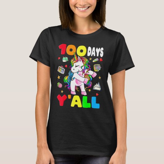 100 Days Y'all Teacher Flossing Unicorn Girls 100t T-shirt (Voorkant)