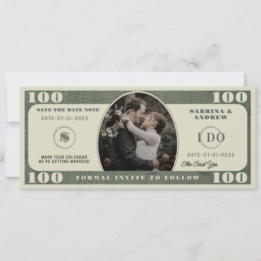 100 Dollar Bill Fotobruiloft Save The Date (Voorkant)