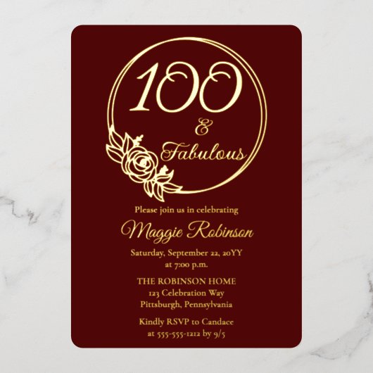 100 en Fabulous 100ste verjaardagsfeest gestempeld Folie Uitnodiging (Voorkant)